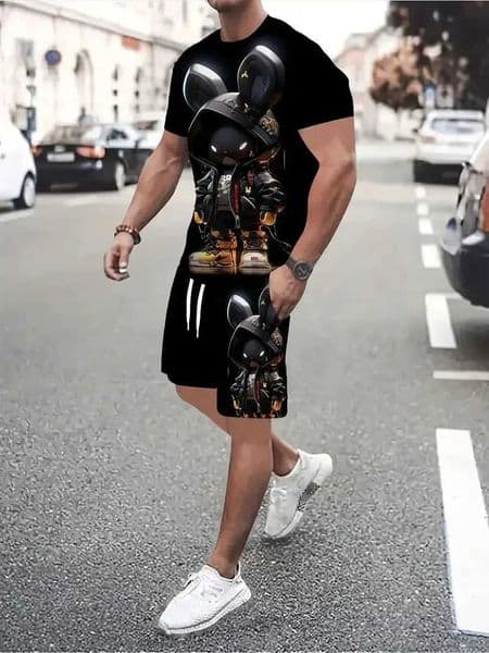 Trendy Rabbit Technology 3D Printed Cool Pattern Short Sleeve Top for Men Refreshing Breathable and Casual T-shirt Set W250515