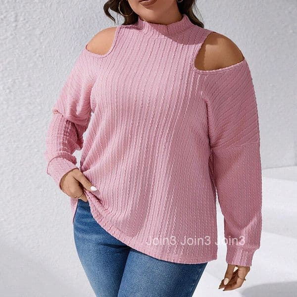 Large Size Womens Autumn and Winter New Texture Knitted Long Sleeved Half High Neck Off Shoulder T-shirt Top