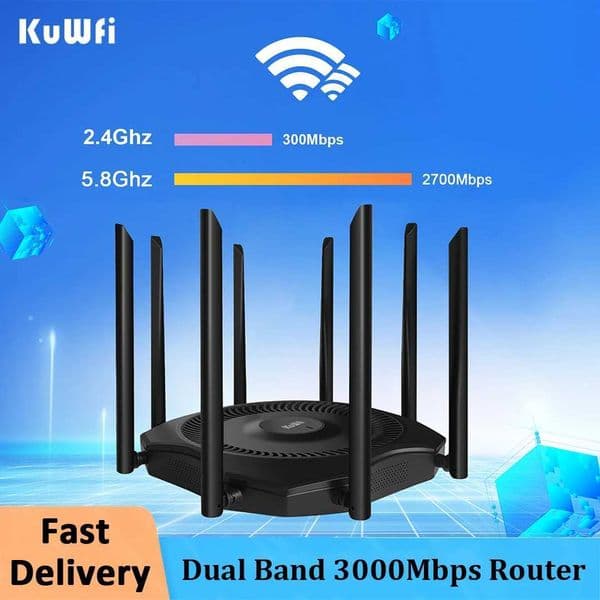 KuWFi Dual Band Wireless Router 3000Mbps Wifi Range Repeater with 8*5dBi High Gain Antennas WPA3 Security Wider Coverage X250516