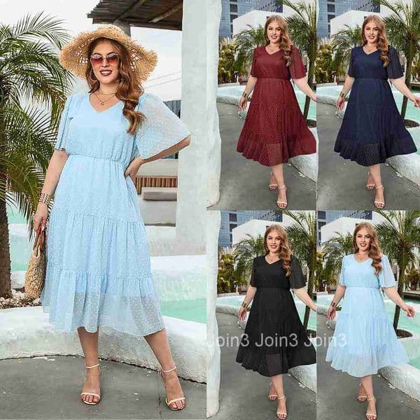 Large Womens Wear Large Solid Leisure Holiday Dress Chiffon Holiday Elegant Mid Length Dress
