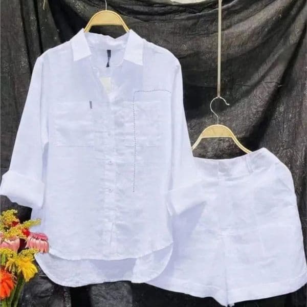 Summer Cotton Linen Casual Home 2 Piece Set For Women Fashion White Long Sleeve Shirt And Shorts Two Piece Sets Tracksuit 250517