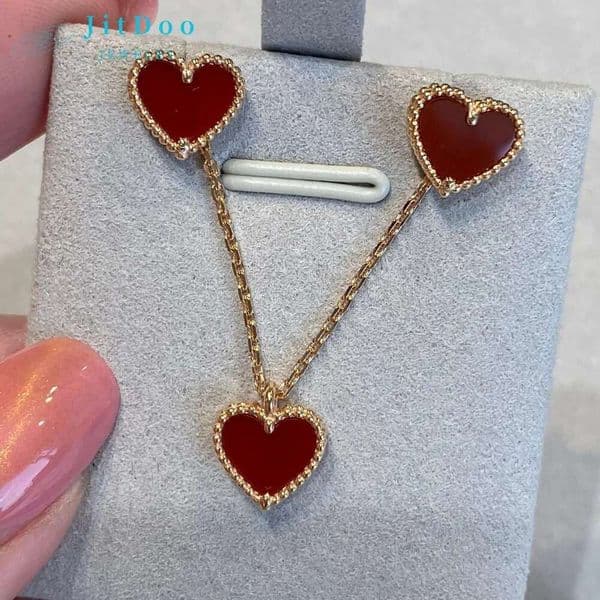 Comes with box JitDoo Quality V Gold Natural Agate Red Heart Shape Earrings Necklace Bracelet Jewelry Sets For Women Girls Anniversary Gift