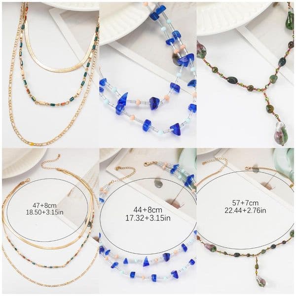 Multiple sets of Kleinland stone crystal bead necklaces, multiple loop necklaces