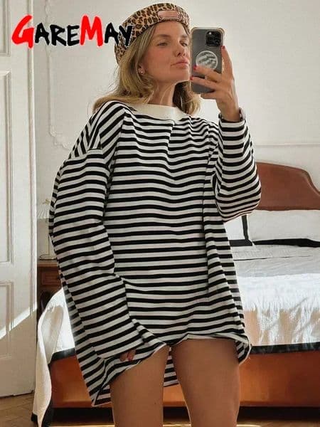 Womens Striped T-shirt 95% Cotton Oversized Black and White Casual Basic Long Sleeve Top Vintage Casual T-shirts for Women 250517