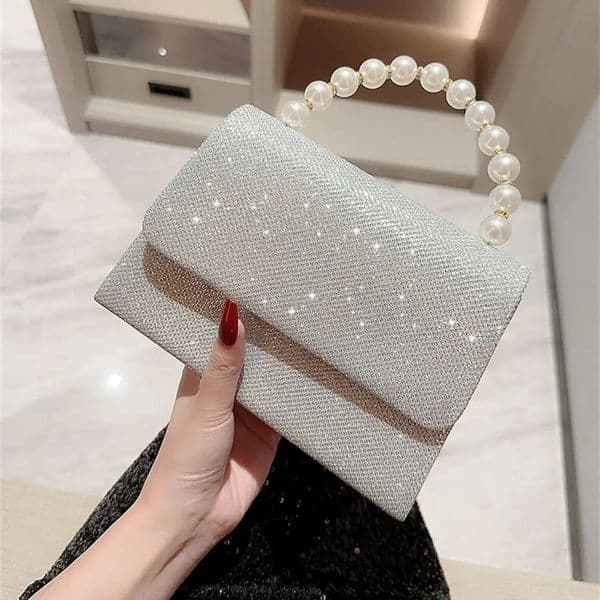 Pearl Chain Shoulder Bags Purse Gold Bright Silk Evening Bag Women Elegant Fashion Banquet Clutch Female Handbag 250514