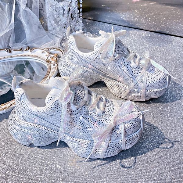 Women Bling Running Shoes Chunky Sneakers Fashion Casual Genuine Leather Breathable Height Increased Platform Shoes Diamond Studded Heightening Sports Shoes