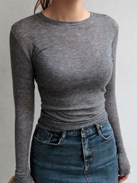 High Quality Plain T Shirt Women Cotton Elastic Basic T-shirts Female Casual Tops Long Sleeve Sexy Thin T-shirt see through 250517