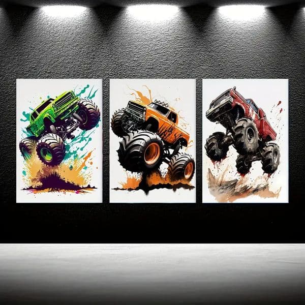 3pcs Watercolor Monster Truck Canvas Wall Art, Frameless Modern Painting for Living Room, Indoor Portrait Orientation, Other Top