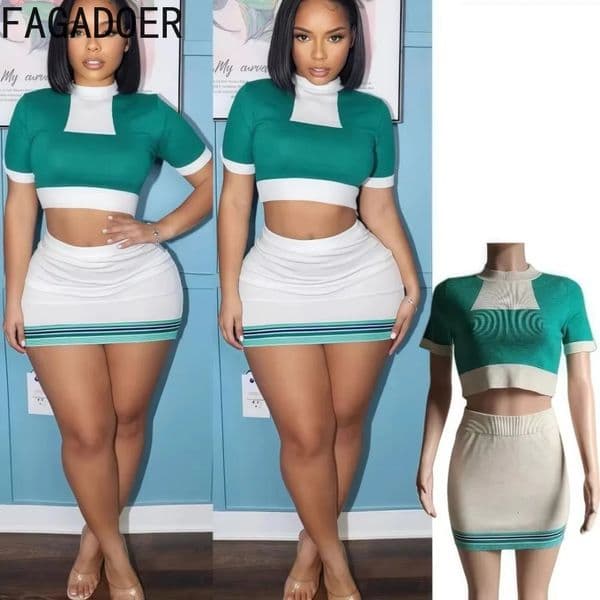 FAGADOER Spring Sexy Knit 2 Piece Sets Women Outfit Color Block O Neck Crop Top And Skirt Suits Female Streetwear Clothing 250513BJ