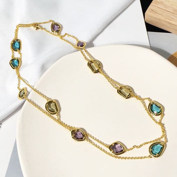 Elegant Long Sweater Chain Necklace with Irregular Cut Colorful Crystals Italian Inspired Design Matte Electroplated Copper in Three Tone Options