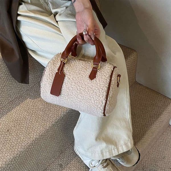 Women PU Leather Shoulder Fluffy Furry Boston Barrel Bag Pocket Satchel Purse With Zipper Handbag For Work Travel