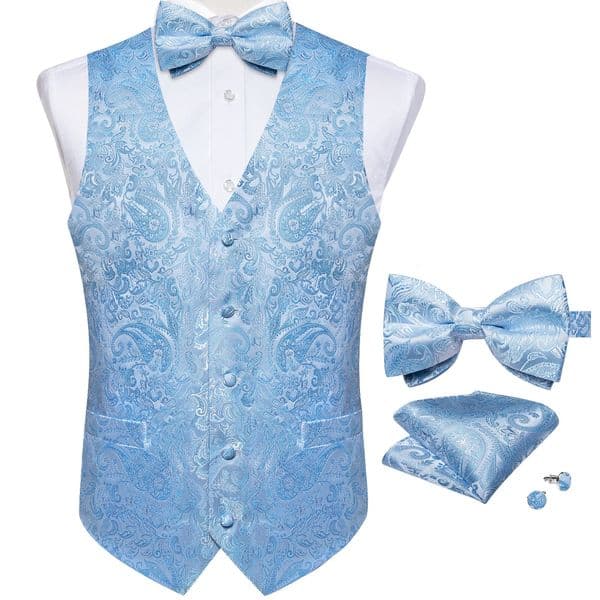 Suit Vest With Bow Tie Pocket Square Cufflinks Light Blue Black Red Paisley Wedding Prom Tuxedo Waistcoat for Men 250520