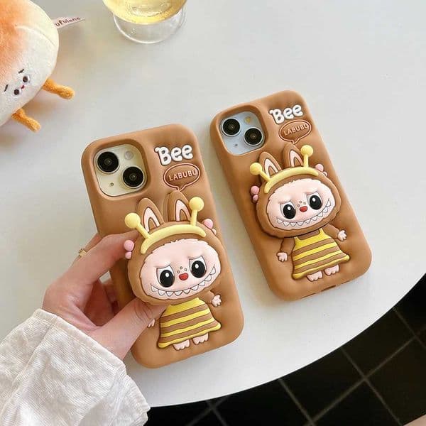 Funny Bee LaBubu Monsters Soft Silicone Case for iPhone 16 15 14 Plus 13 12 11 Pro Max Stand Holder Cover Z250521