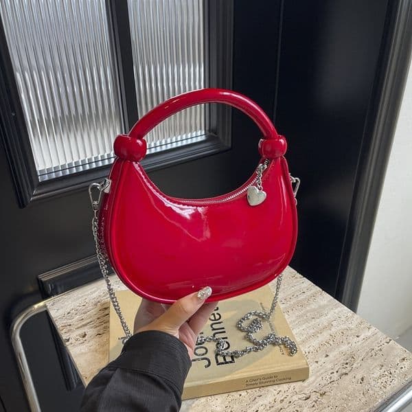 New Moon 2024 Trendy Simple Handbag Fashion Chain Single Lacquered Leather Cross Shoulder Women's Bag