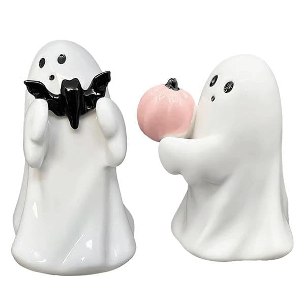 Ghost Hugging Pink Pumpkin&Bat Figurine Cute Halloween Statue Decoration Spooky Ghost Sculpture Resin Home Office Desktop Decor