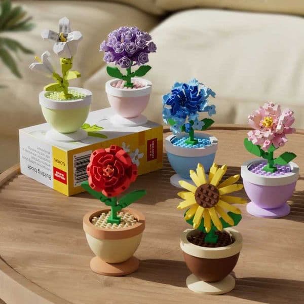 Educational Building Blocks Set - Flower Pots Roses Sunflowers Carnations Micro-Grained Assembly Toy Ornaments for Kids W250522