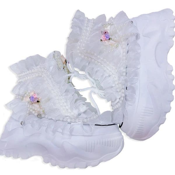 Autumn Girls Clunky Sneaker Womens Thick Sole 8cm Height Increase Lace Up Casual Shoes White High Top Floral Dad Shoes 250519