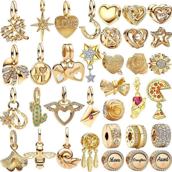 Original 925 Sterling Silver Gold Heart Charms Beads Sparkling MAPle Safety Pendant For Women Bracelet DIY Fine Jewelry GiftXJ250523