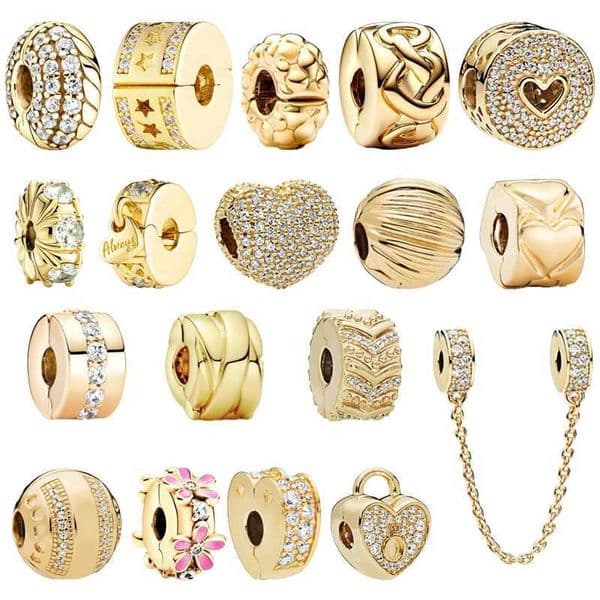 Gold Security Chain Sparkling Flower Hearts Clip Charm Bead Fit Original European 925 Sterling Silver Bracelet DIY Women JewelryXJ250523