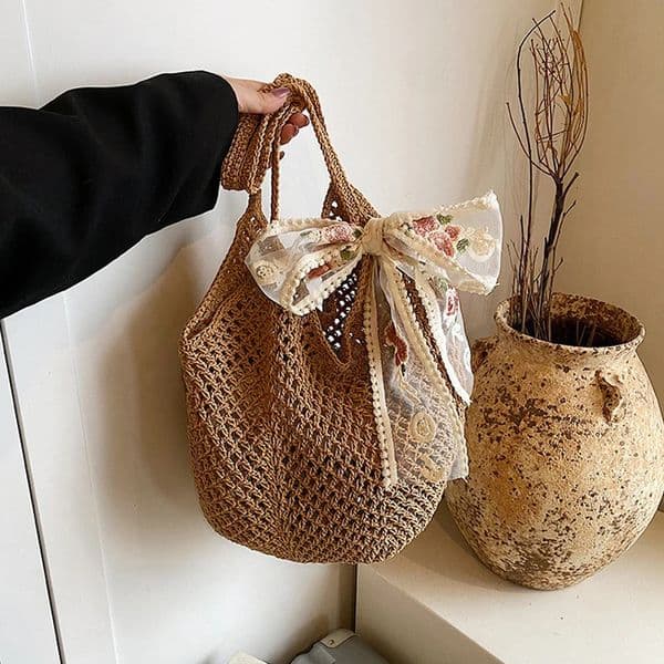 Summer Beach Bag Mesh Women Woven Lace Bow Shoulder Purse Large Capacity Clutch Solid Color Shopping Vacation Travel 250522