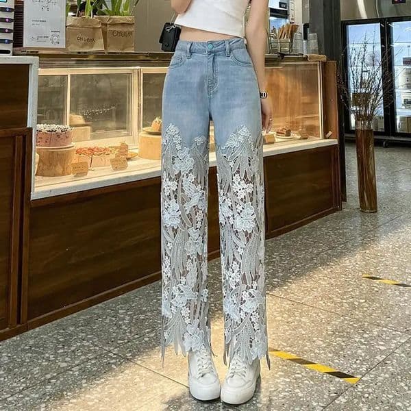 Lace Patchwork Hollow Niche Jeans Womens Summer Fashion Straight Barrel Slim-fit Retro Casual Loose Denim Long Pants Y2k 250519