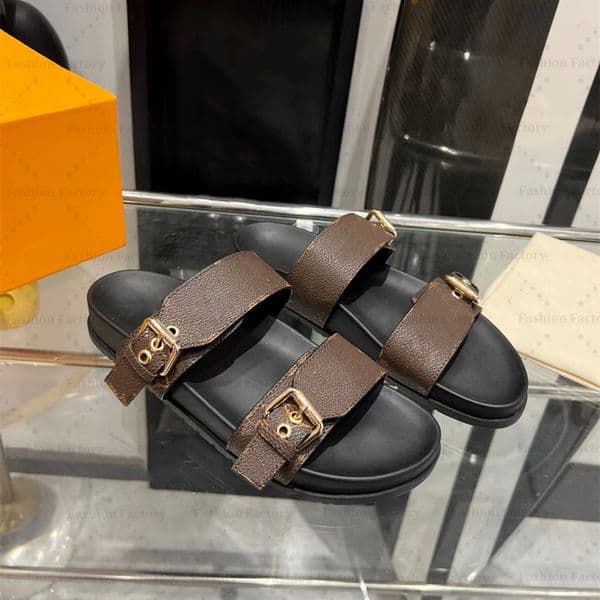 Designer Slippers slides sandals Summer Flats Sexy real leather Shoes Men Women Beach Stylish Slides 2 Straps with Adjusted Gold Buckles Size 36-45