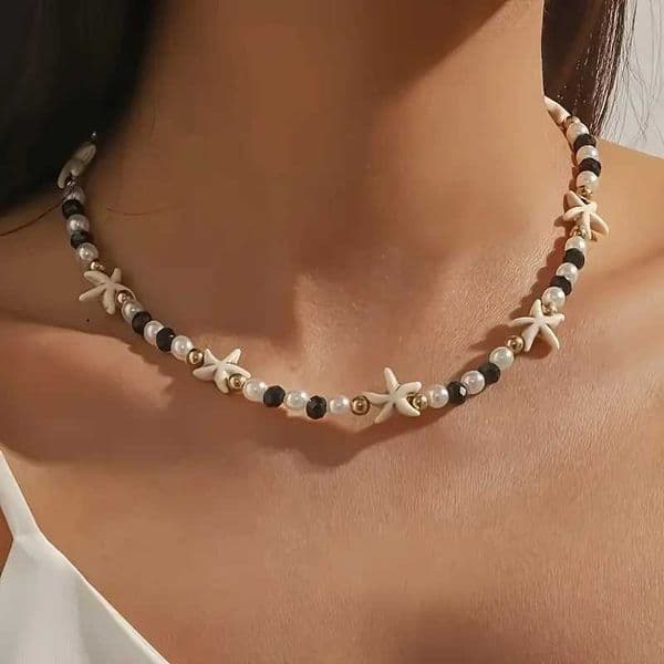 Fashionable and minimalist turquoise starfish mixed with pearl black bead neck womens necklace versatile for daily useXJ250524