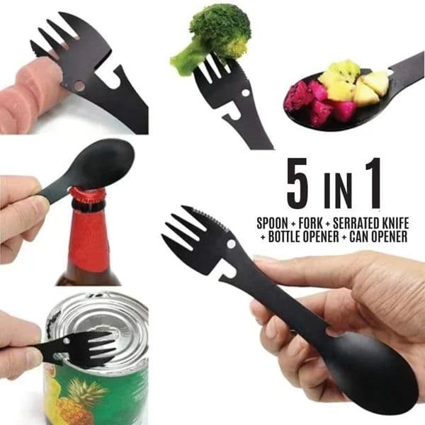 Outdoor Survival Tools 5 in 1 Camping Multifunctional EDC Kit Practical Fork Knife Spoon BottleCan Opener Camping Hiking Gear 250522