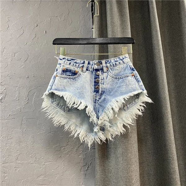 Womens Ripped Mid Rise Denim Jeans Shorts Summer Button Tassel Single-breasted Wide-leg Denim Shorts Jeans Streetwear 250520
