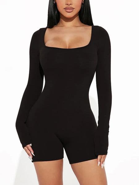 2025 Spring and Summer Fashion Womens Long Sleeve Jumpsuit Shorts Sexy Slim U Neck 250526A