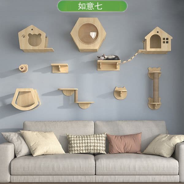 Wall-Mounted Cat Climbing Shelf - Solid Wood Cat Perch with Scratching Posts, Jumping Platform & Cozy Bed - Space-Saving Cat Tree