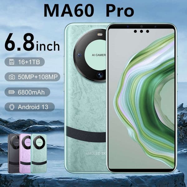 Smartphone Mate60 Pro 16GB+1TB smart phone, 7.3HD+ display, 13MP+50MP camera, fingerprint and facial recognition, comes with headphones + phone case
