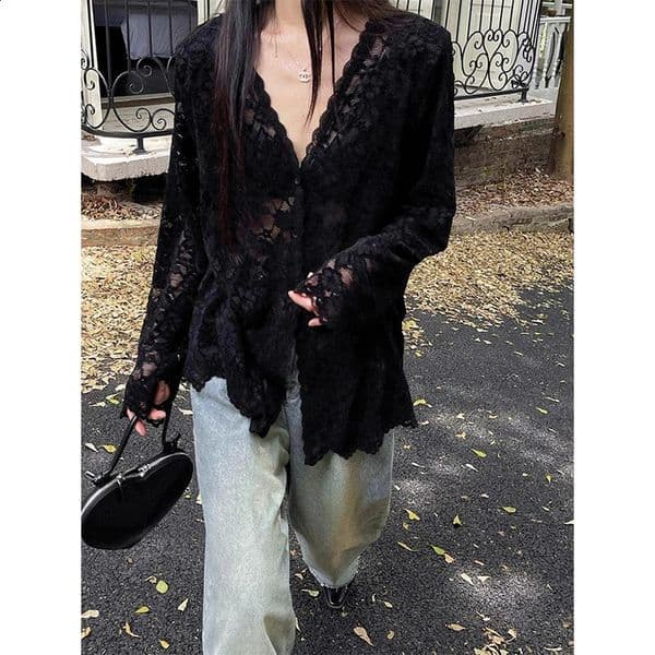 Y2K Lace Sheer Black Shirts Women Streetwear Sexy Hollow Out White Blouses Korean Aesthetic Long Sleeve Chic Sun Protection Tops 250517