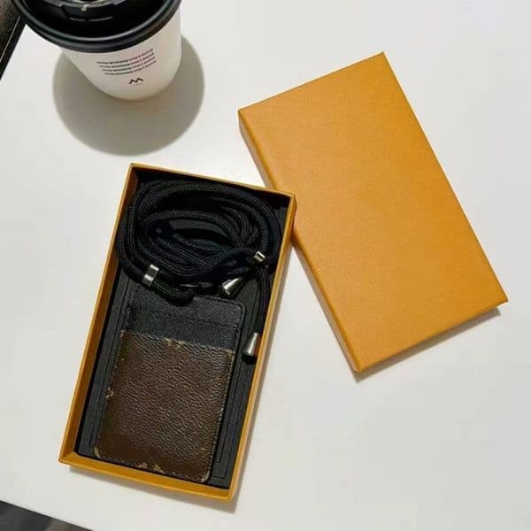 TOP Designer Fashion Luxury Work Card Holder Necklaces Hanging Rope Pendant Card Bags Student ID cards bag classic brown flower leather Wallets for Men Women