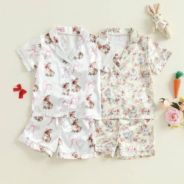 Lioraitiin Toddler Baby Girls Summer Easter Pajamas Set Button Down V Neck Short Sleeve Tops and Shorts Lounge Wear 2Pcs Set 250527
