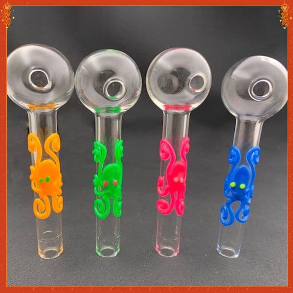 Wholesale 10cm Smoking Glass Oil Burner Pipes Octopus Glow in Dark Luminous Hand straw Pipe Spoon Burners Water Bongs Pipes Bubble