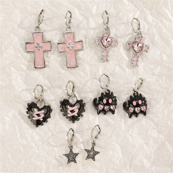 Goth Vintage Cute Bowknot Pink Strawberry Heart Star Pendant Earrings Egirl Gothic 2000s Y2K EMO Rave Accessories 250526