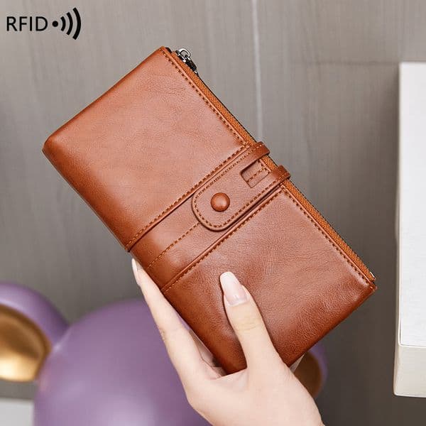 Free Shipping Designer Wallet New Anti Magnetic Wallet Retro Oil Wax Leather Handbag Multifunctional Women's Phone Bag Multifunctional Card Bag