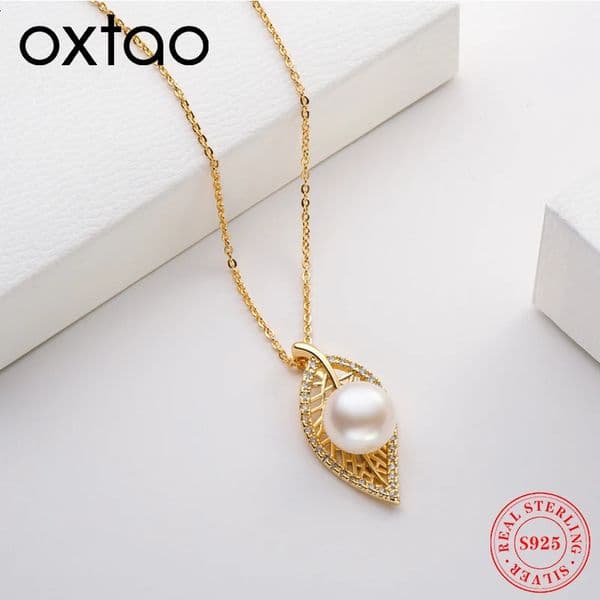 OXTAO Freshwater Pearl Leaf Pendant Necklace 14K Gold Bag for Women Clavicle chain necklace exquisite jewelry gift 250522