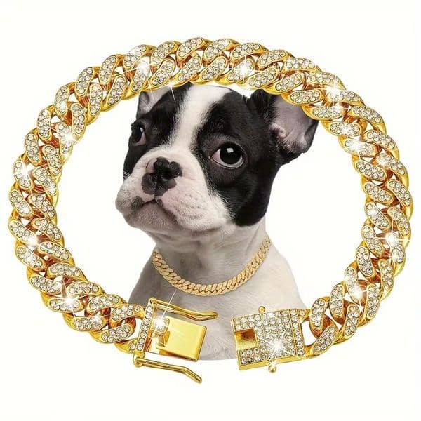 Luxury Pet Dog Cat necklace Cuban Link Chain Dog Collar 12mm Width Rhinestone Diamond Design Double Safety Clasp Rose Gold Zinc Alloy