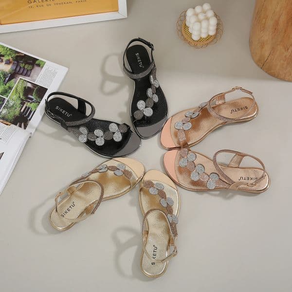 Womens Bohemia Flat Sandals Ladies Summer Beach T-Strap Flip Flop Sparkling Rhinestone Walking Shoes Casual 250526BJ