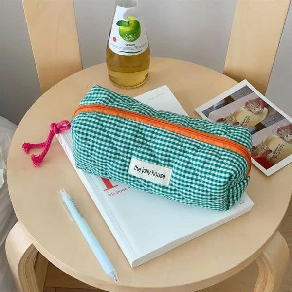INS Plaid Pencil Case Korean Style Color-blocked Checkered Pattern Pencil Pouch for Girl Soft Cotton Stationery Storage Bag 250528