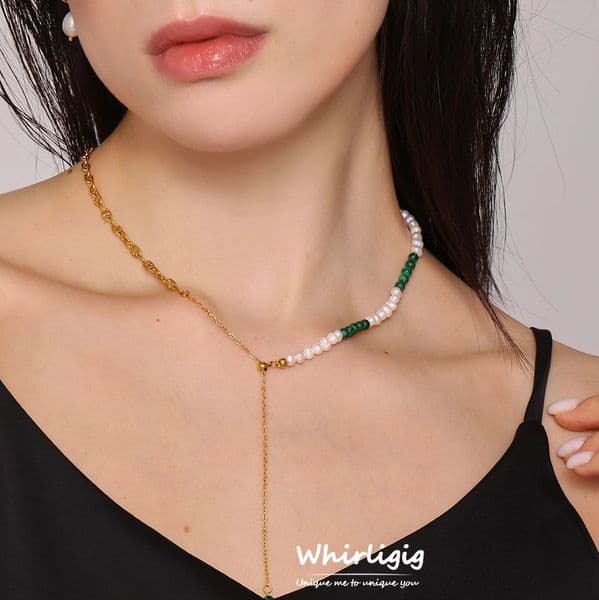 Women Necklace Stainless Steel Malachite Nature Stones Freshwater Pearl No Fade Choker Charm Jewelry 250520