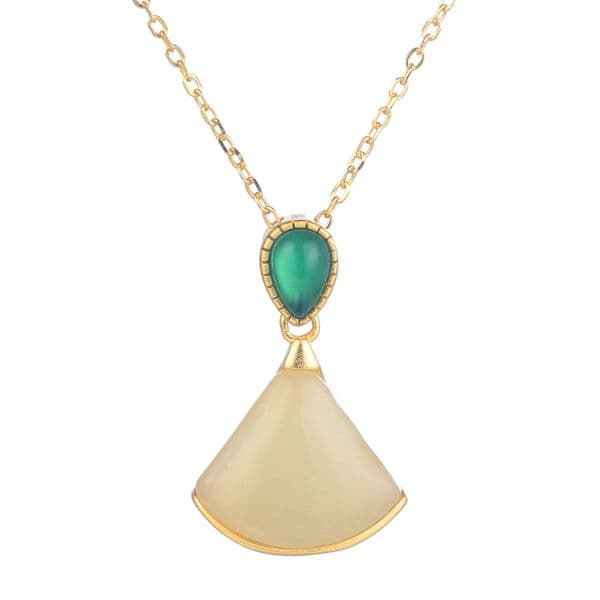 necklace luxury jewelry S925 sterling silver Hetian jade fan shaped necklace ethnic chalcedony style ancient gold jade pendant skirt pendant collarbone chain