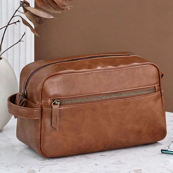 Men Vintage PU Leather Toiletry Bag Travel Necessary Business Cosmetic Makeup Cases Male Hanging Double Layered Wash Bag 250519