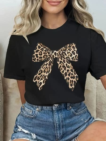 Plus - Size Black Round Neck T - Shirt with Leopard - print Bow Trendy and Chic 250526BJ
