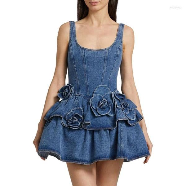 Casual Dresses Chic Summer 3d Floral Denim Mini Dress Vintage A Line Halter High Street Jean Vesidos 2025 Lady Partyy2k Fashion Clothing