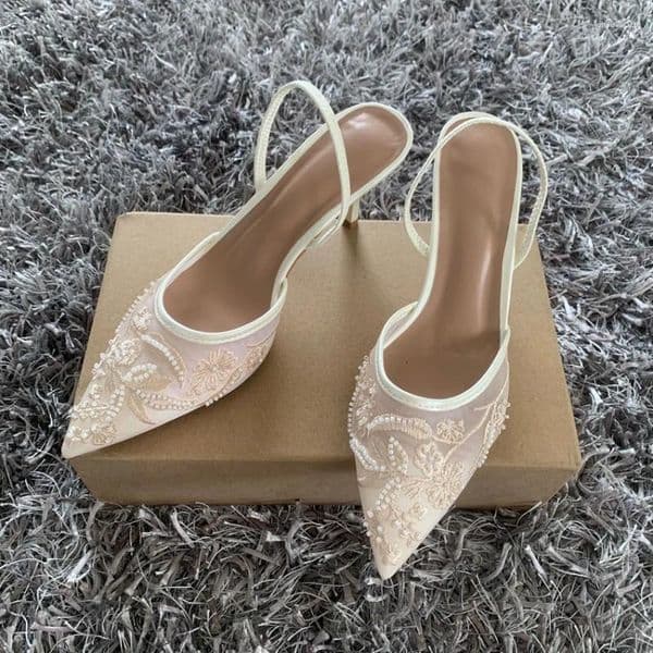 Dress Shoes Brand Designer White Women Wedding Pumps Mesh Embroidered Flowers Back Strap Sexy High Heels Ladies T260509