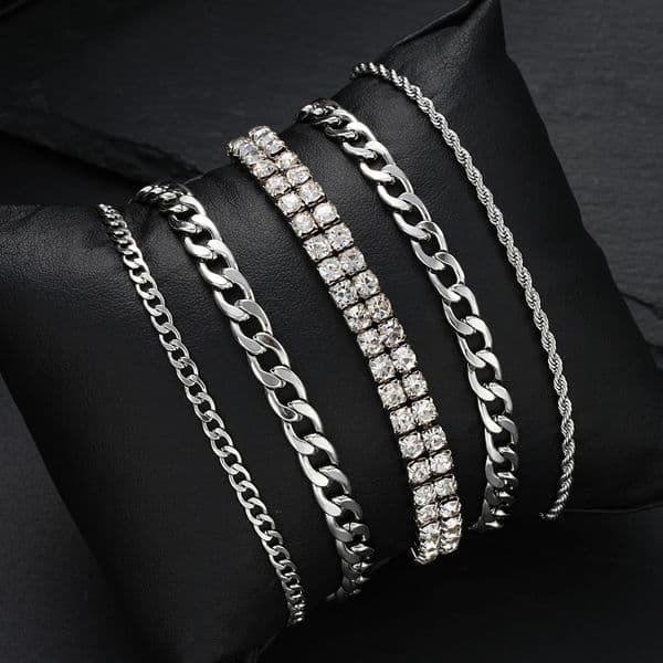 8PcsSet Stainless Steel Twisted Cuban Bracelets For Women Men Simple Silver Color Crystal Unisex Bracelets Sets Trendy Jewelry 250528