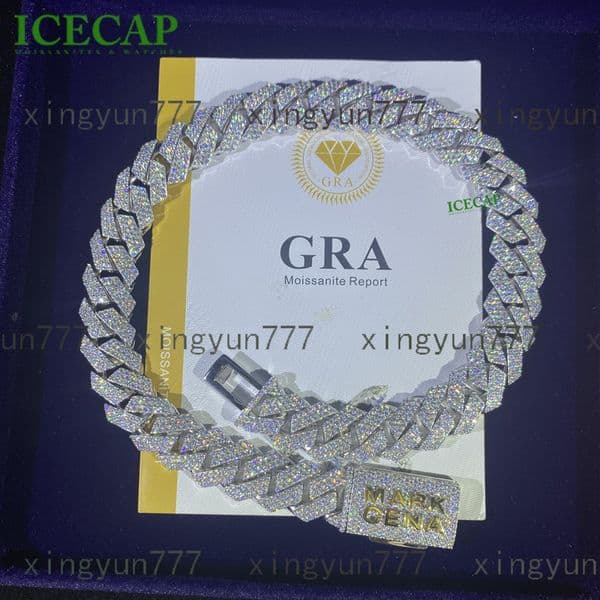Custom Lock Miami Cuban Link Chain 18mm Rows VVS Moissanite Hiphop Sterling Silver DIamond Cuban Chain Necklace